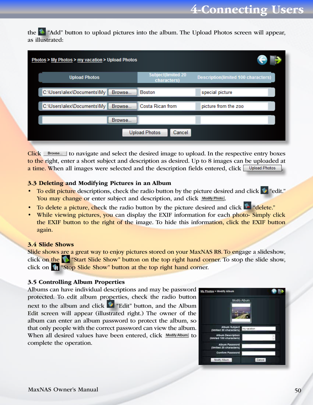 MicroNet Technology R8 manual Deleting and Modifying Pictures in an Album, Slide Shows, Controlling Album Properties 