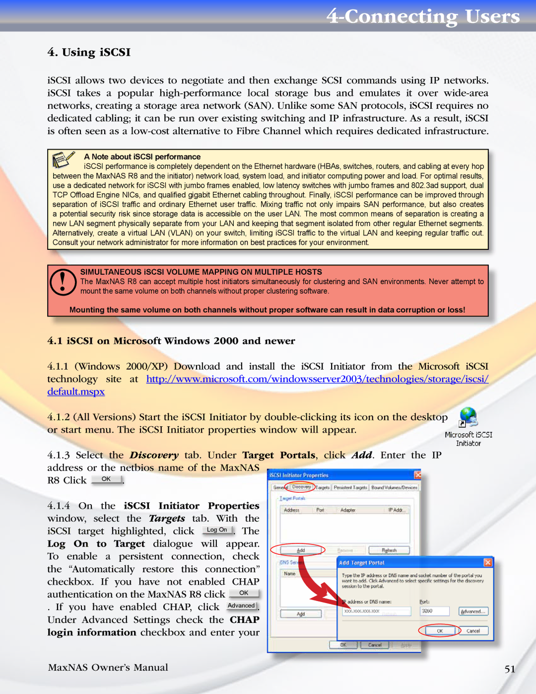 MicroNet Technology R8 manual Using iSCSI, ISCSI on Microsoft Windows 2000 and newer, On the iSCSI Initiator Properties 