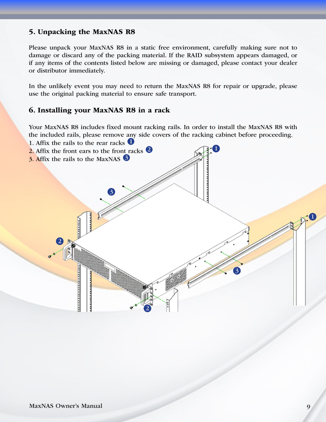 MicroNet Technology manual Unpacking the MaxNAS R8, Installing your MaxNAS R8 in a rack 