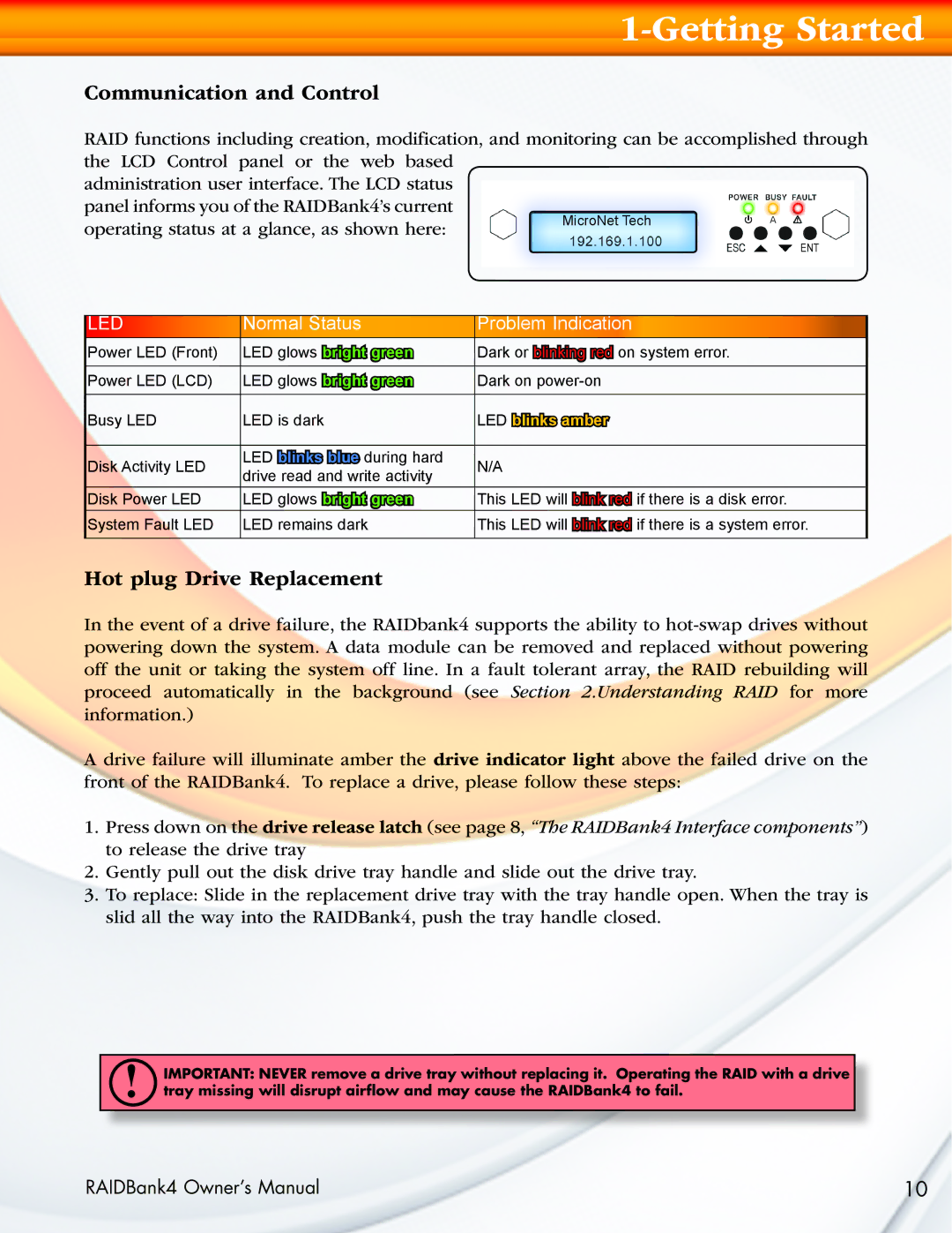 MicroNet Technology RAIDBank4 manual Communication and Control, Hot plug Drive Replacement 