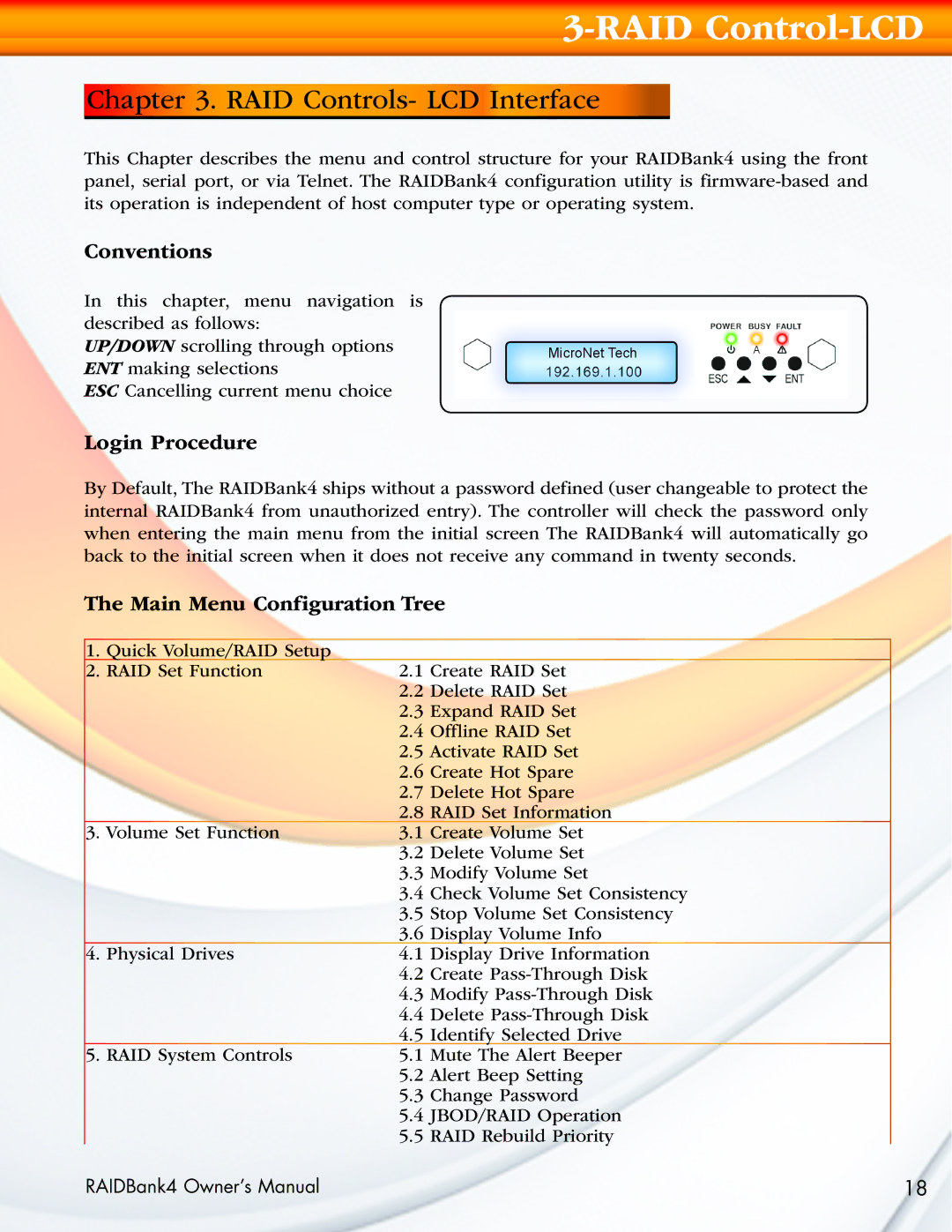 MicroNet Technology RAIDBank4 manual RAID Control-LCD, RAID Controls- LCD Interface, Conventions, Login Procedure 