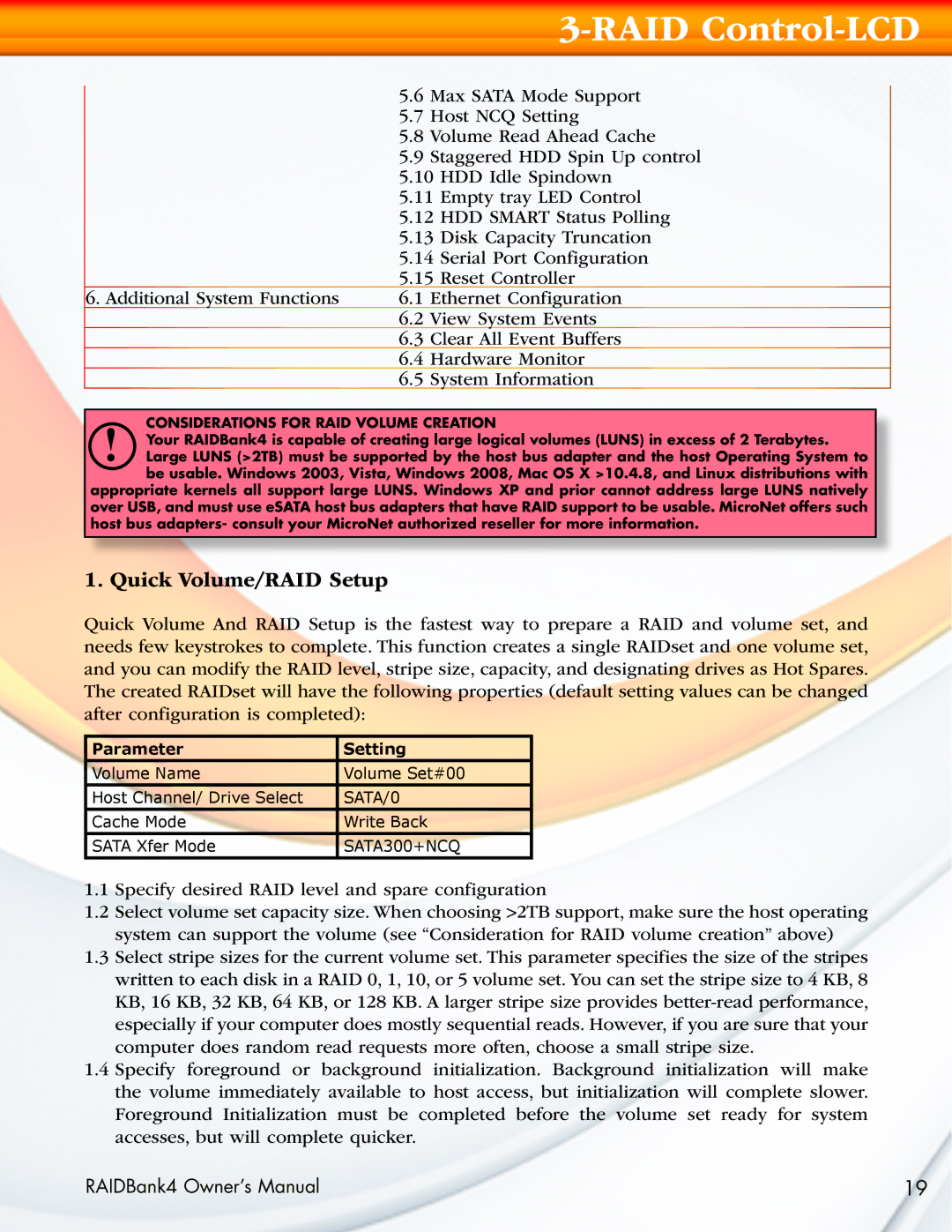 MicroNet Technology RAIDBank4 manual Quick Volume/RAID Setup, Considerations for RAID Volume Creation 