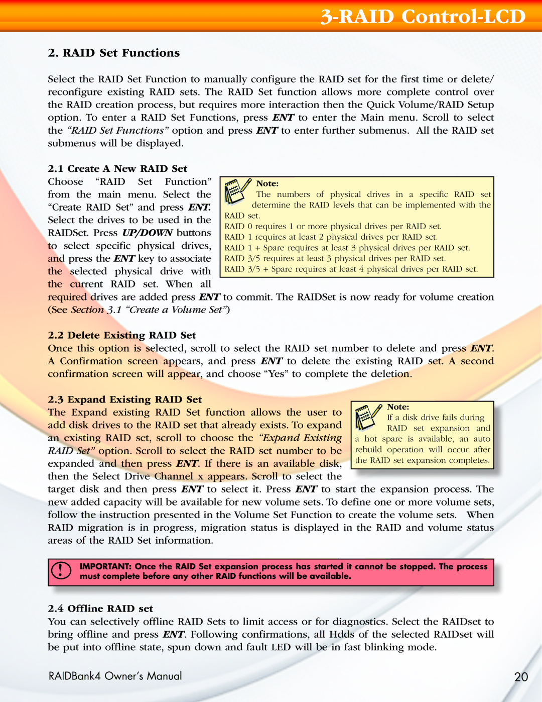 MicroNet Technology RAIDBank4 RAID Set Functions, Delete Existing RAID Set, Expand Existing RAID Set, Offline RAID set 