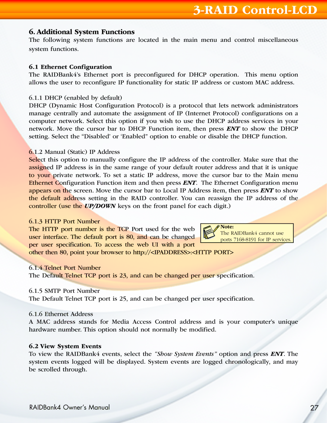 MicroNet Technology RAIDBank4 manual Additional System Functions, Ethernet Configuration, View System Events 