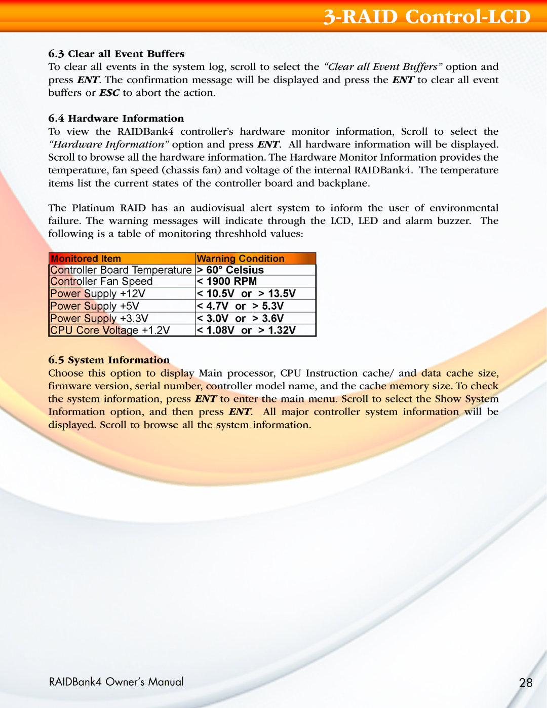 MicroNet Technology RAIDBank4 manual Clear all Event Buffers, Hardware Information, System Information 