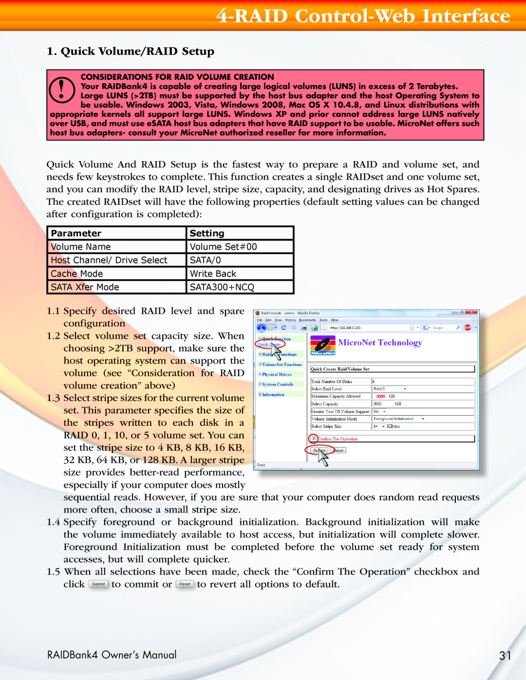 MicroNet Technology RAIDBank4 manual Quick Volume/RAID Setup 