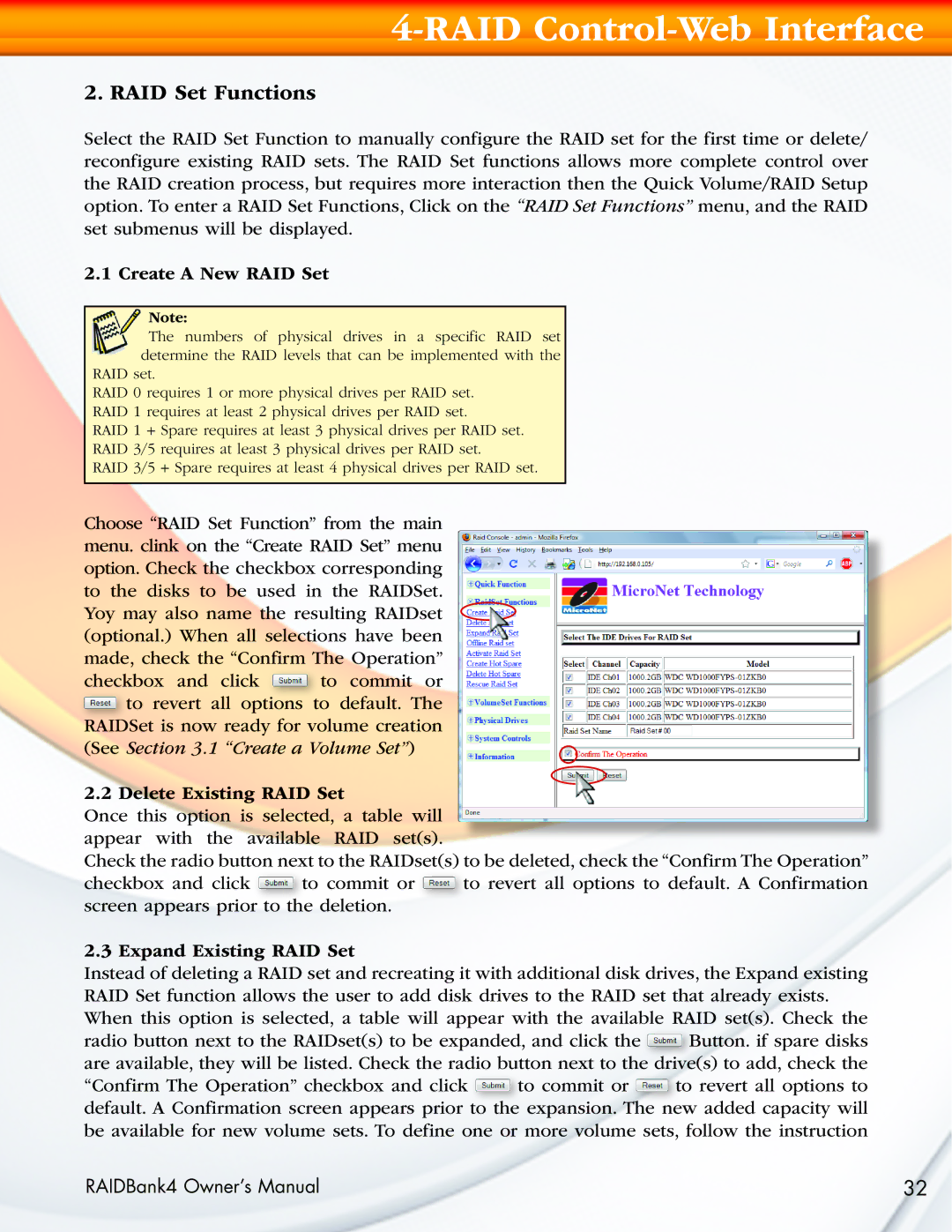 MicroNet Technology RAIDBank4 manual RAID Set Functions, Create a New RAID Set 