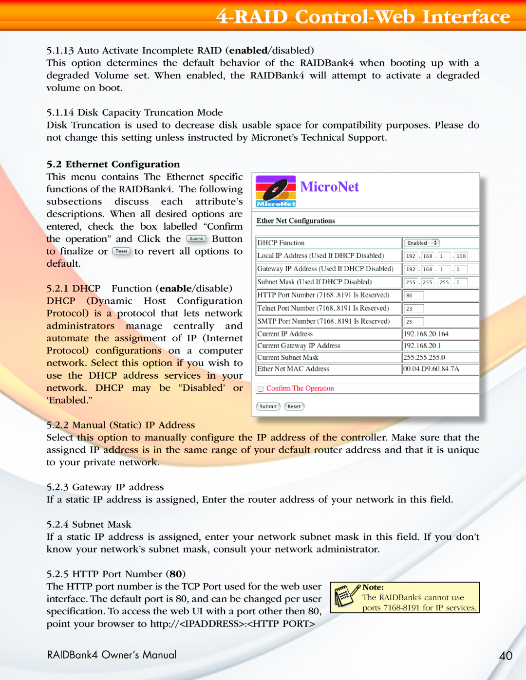 MicroNet Technology manual RAIDBank4 cannot use ports 7168-8191 for IP services 