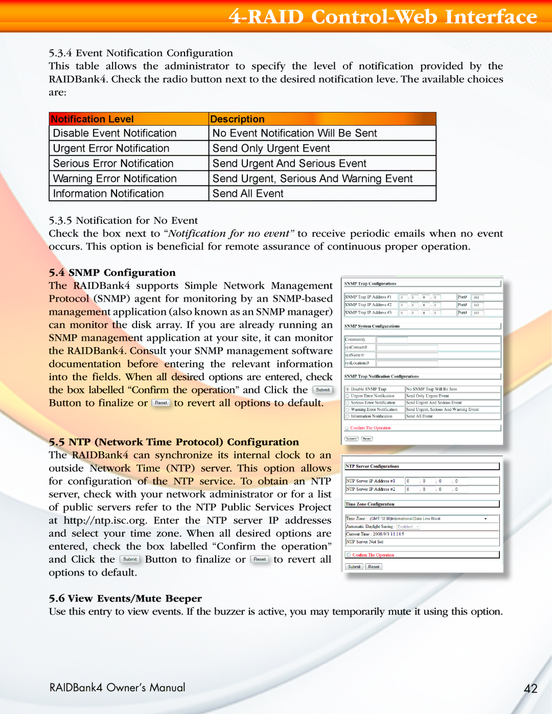 MicroNet Technology RAIDBank4 manual Snmp Configuration, NTP Network Time Protocol Configuration, View Events/Mute Beeper 