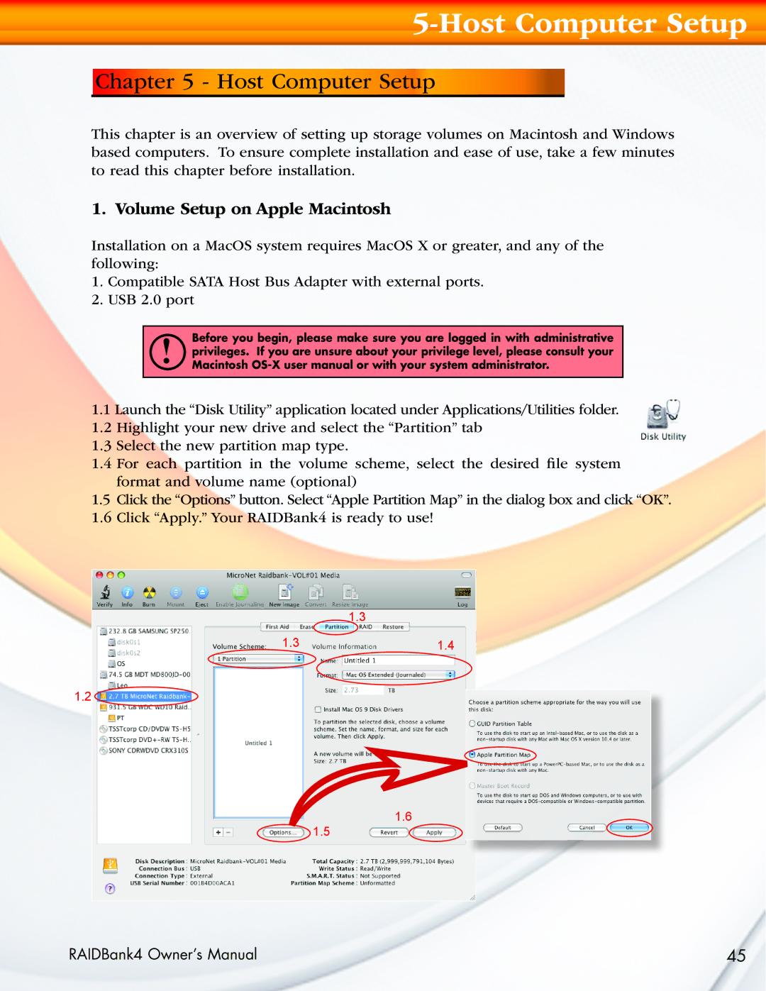 MicroNet Technology RAIDBank4 manual Host Computer Setup, Volume Setup on Apple Macintosh 