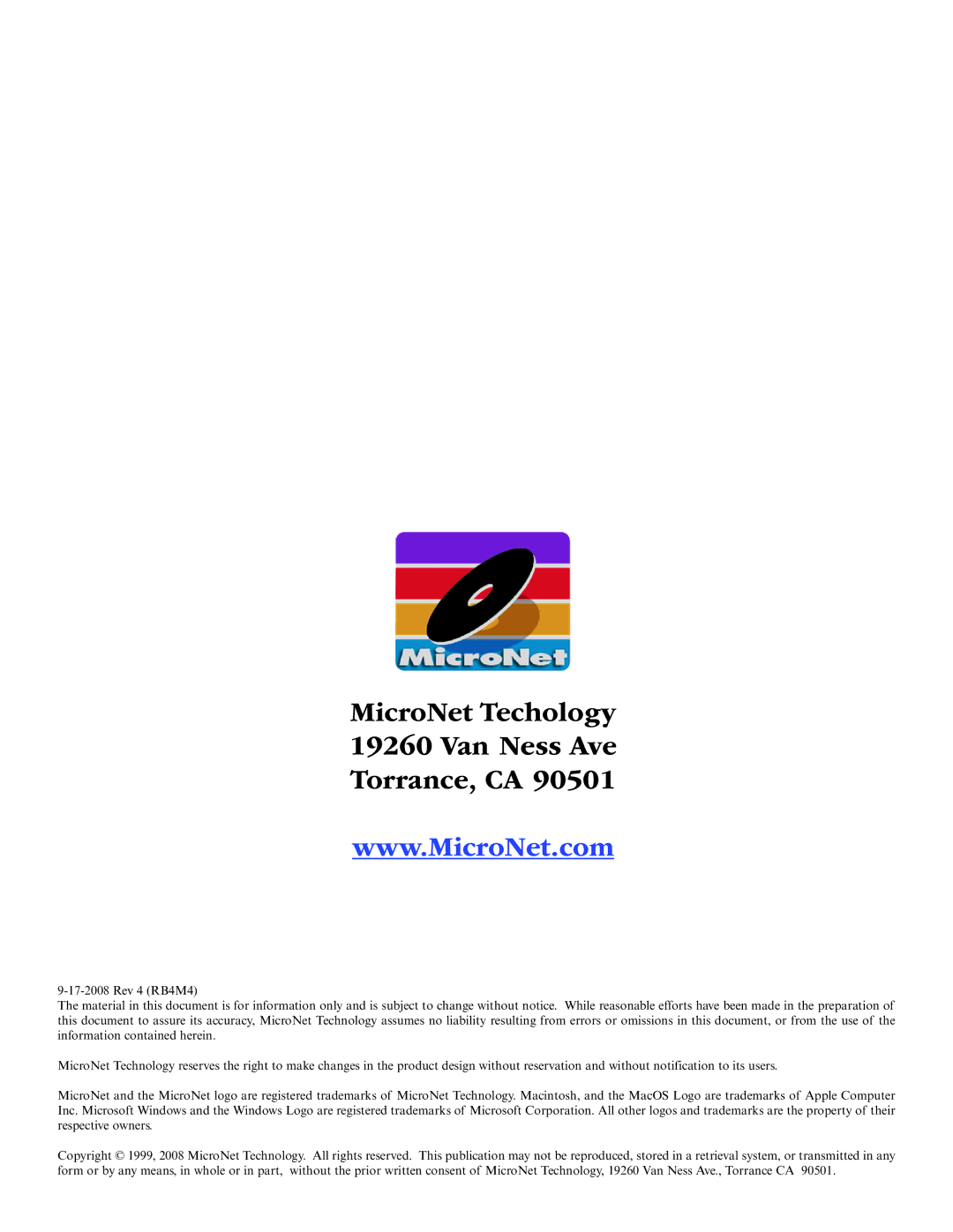 MicroNet Technology RAIDBank4 manual MicroNet Techology Van Ness Ave Torrance, CA 