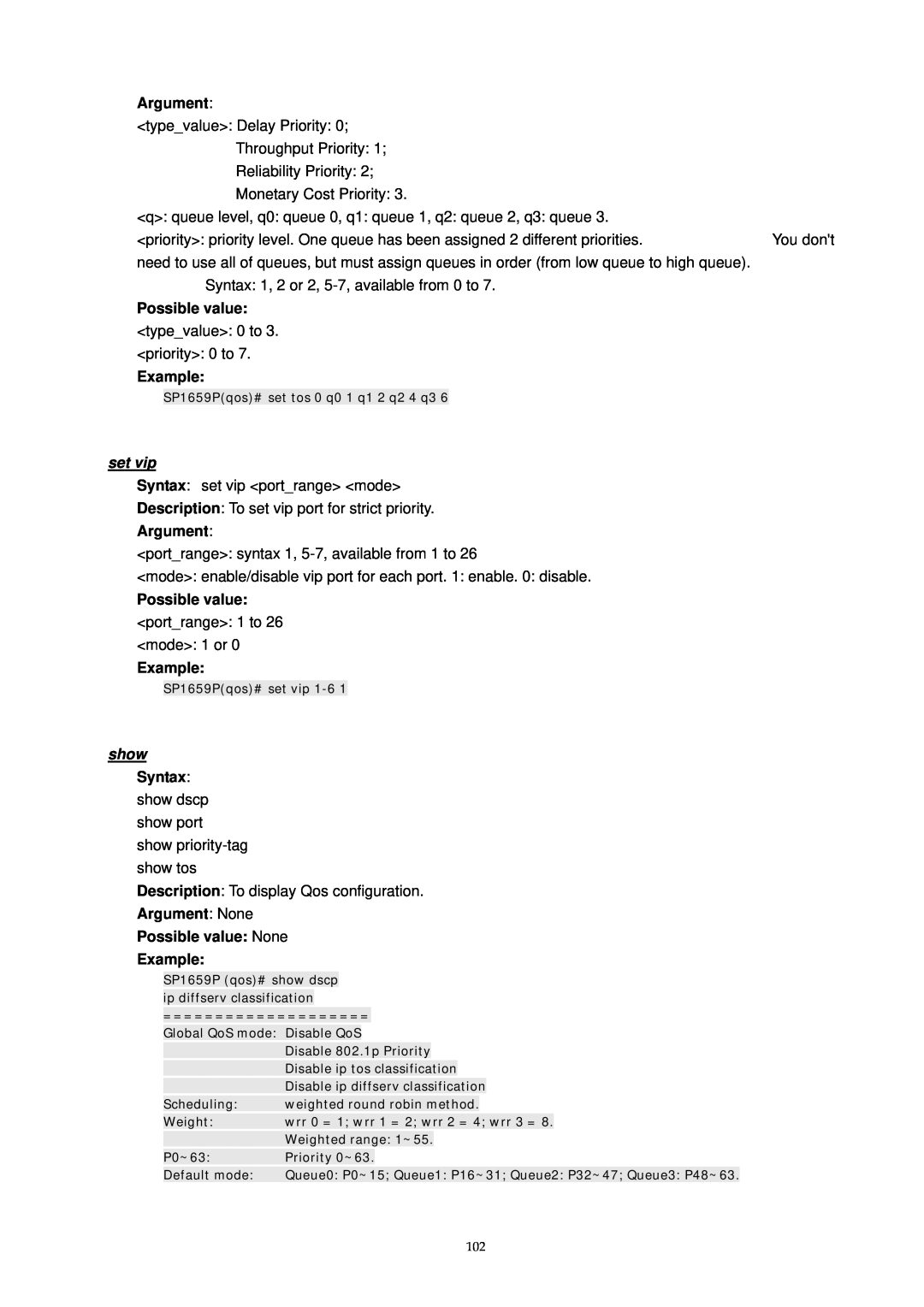 MicroNet Technology SP1659P user manual set vip, Argument, Possible value, Example, show, Syntax 