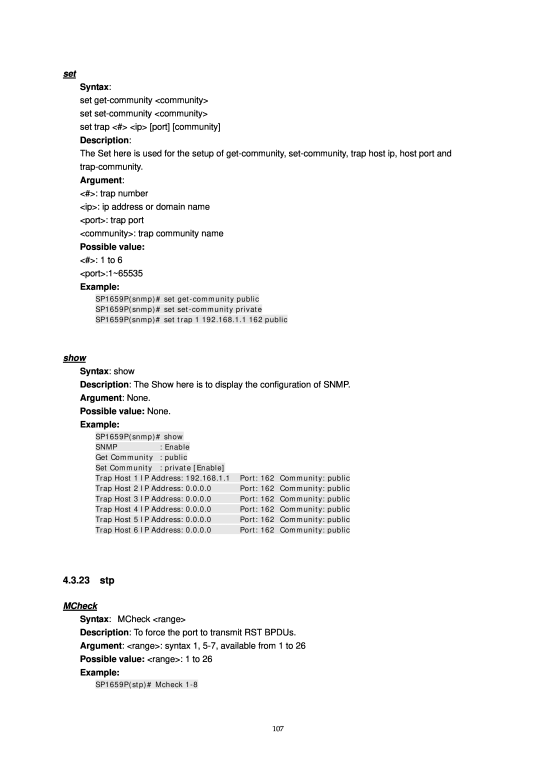 MicroNet Technology SP1659P 4.3.23 stp, MCheck, Possible value range 1 to Example, Argument, Syntax show 