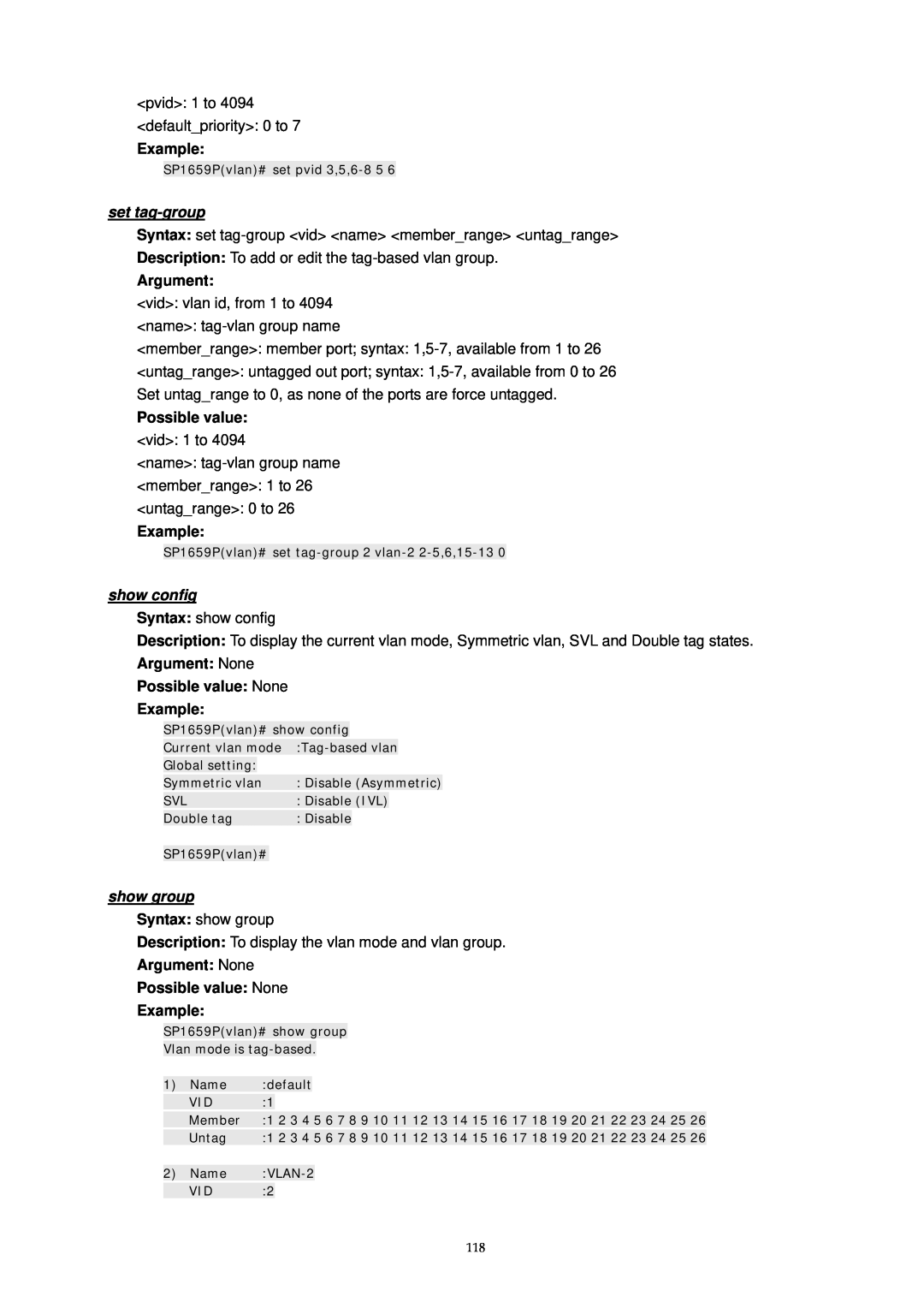 MicroNet Technology SP1659P user manual set tag-group, Example, Argument, Possible value, show config, show group 