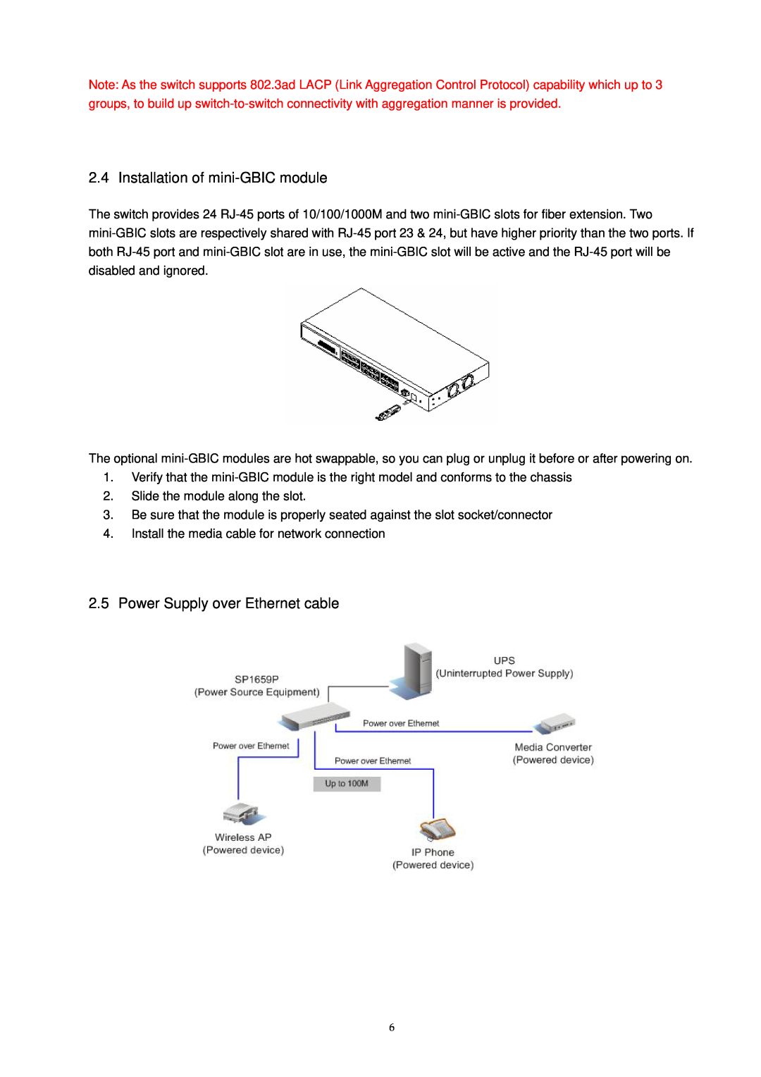 MicroNet Technology SP1659P user manual Installation of mini-GBIC module, Power Supply over Ethernet cable 