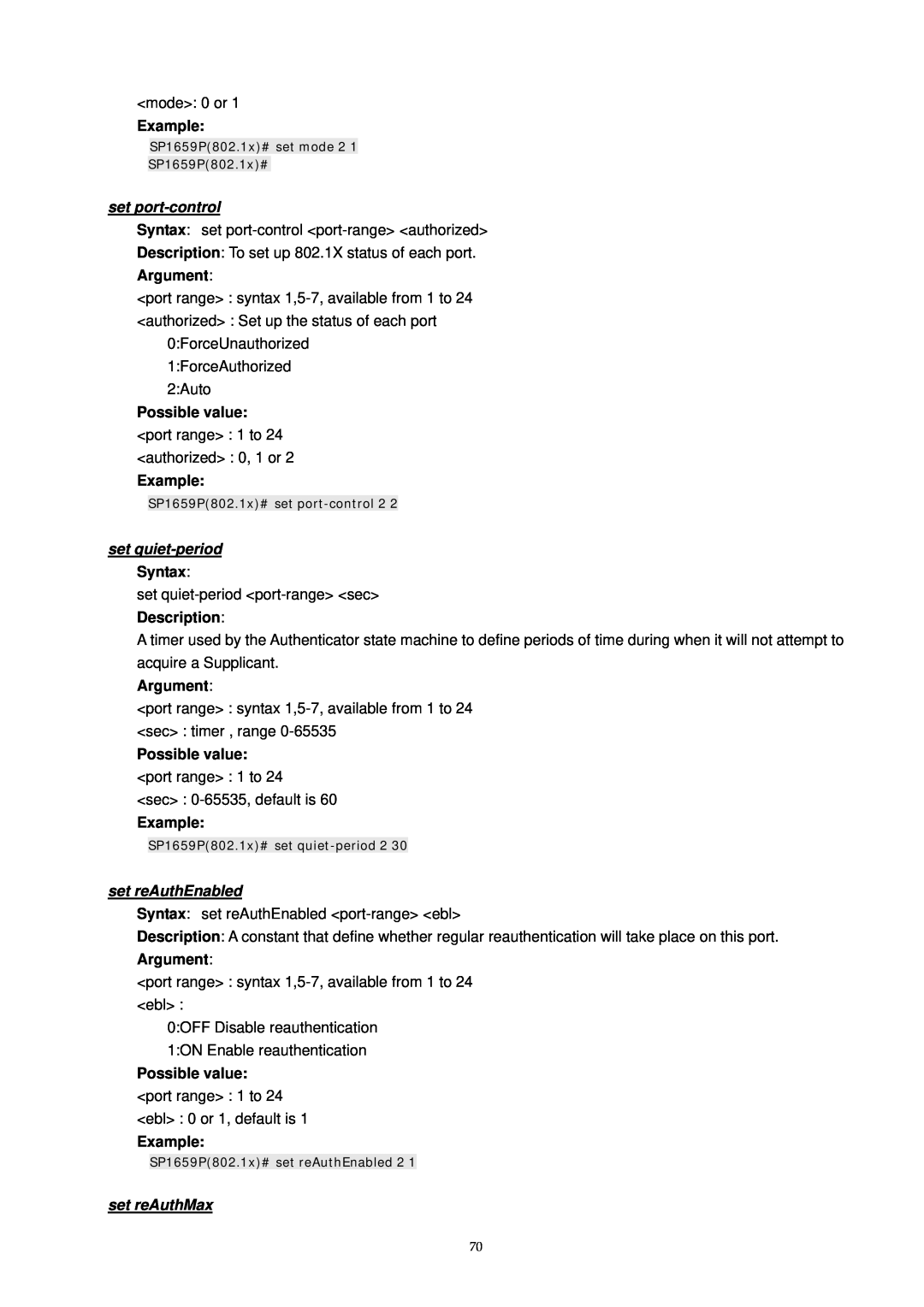 MicroNet Technology SP1659P set port-control, set quiet-period, Syntax, set reAuthEnabled, set reAuthMax, Example 
