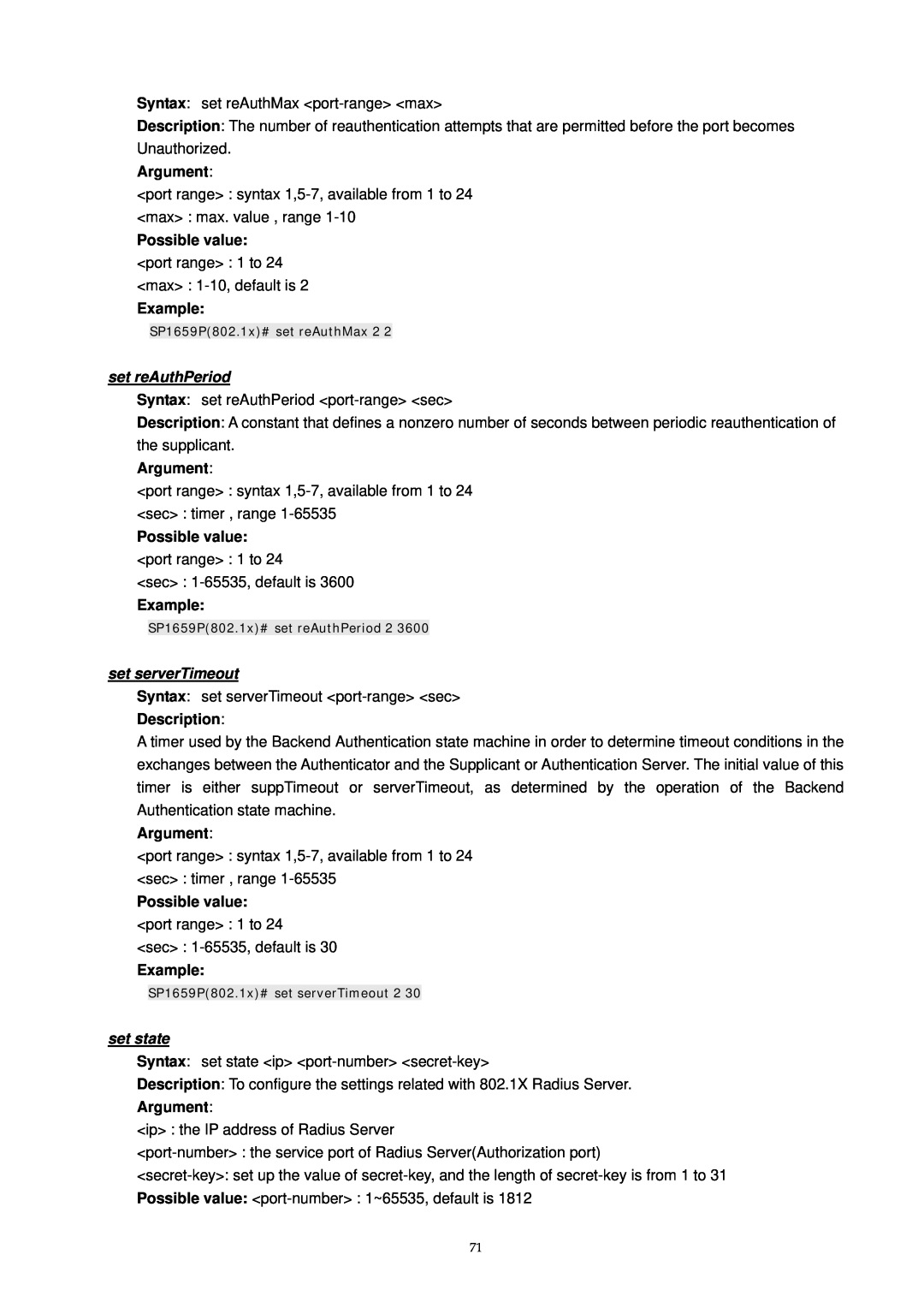 MicroNet Technology SP1659P user manual set reAuthPeriod, set serverTimeout, set state, Argument, Possible value, Example 