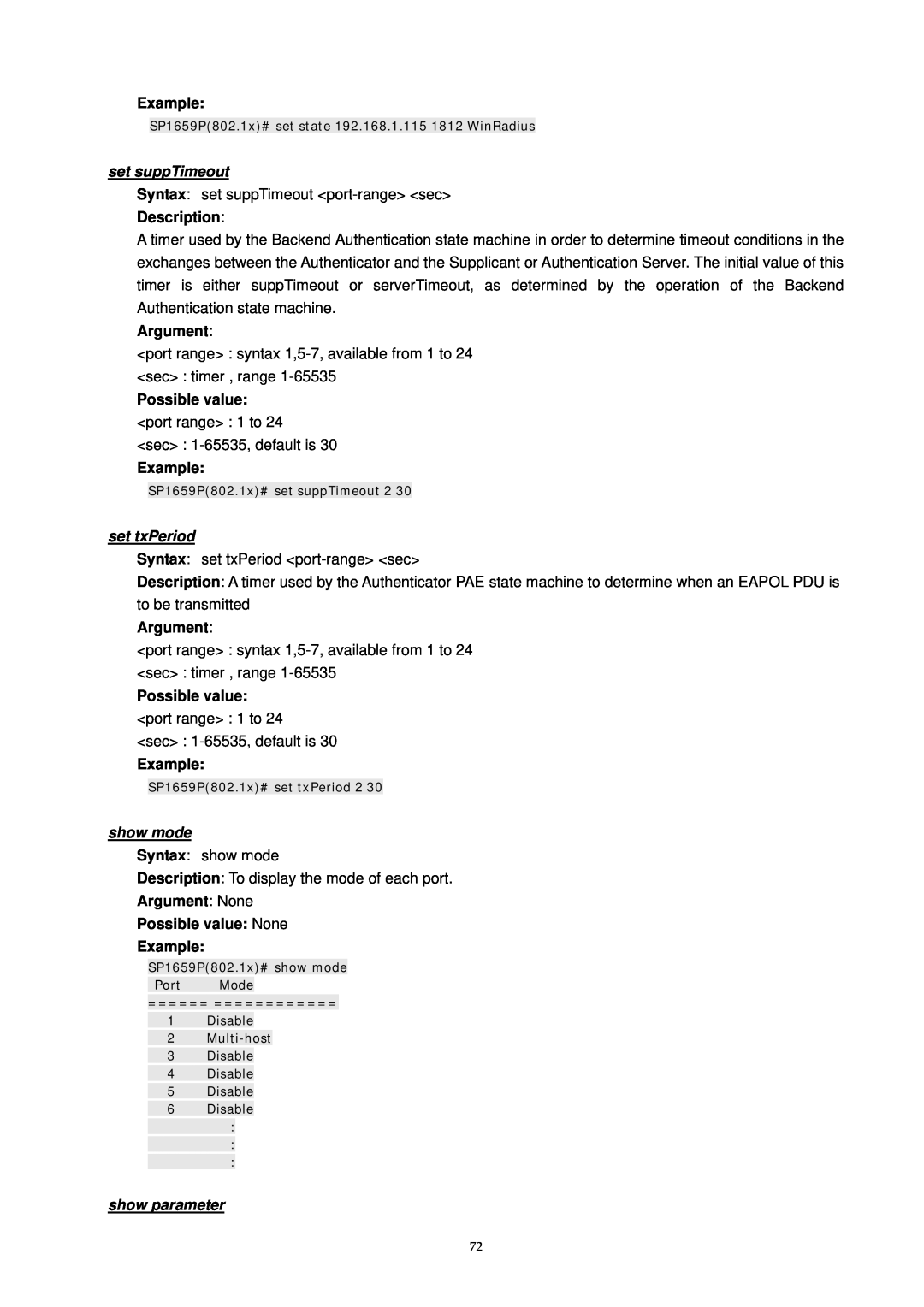 MicroNet Technology SP1659P set suppTimeout, set txPeriod, show mode, show parameter, Example, Argument, Possible value 