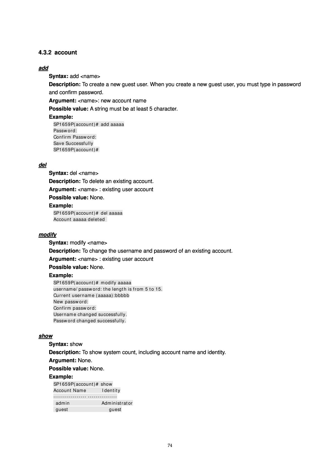 MicroNet Technology SP1659P user manual account, modify, Syntax show, Possible value None Example 