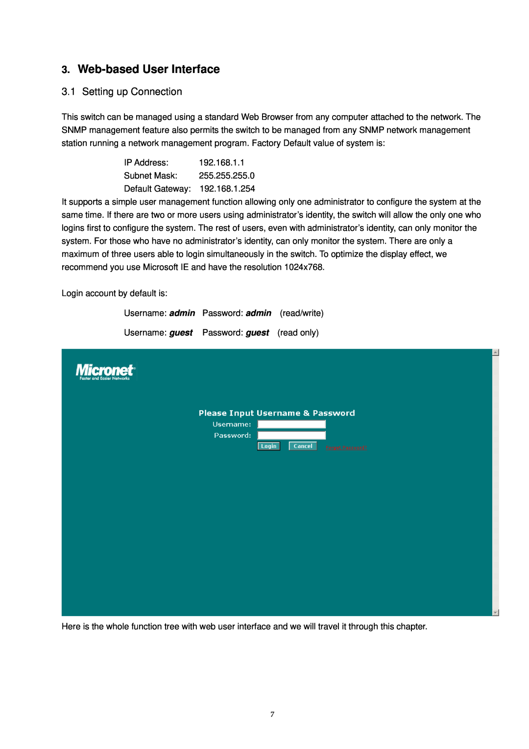 MicroNet Technology SP1659P user manual Web-based User Interface, Setting up Connection 