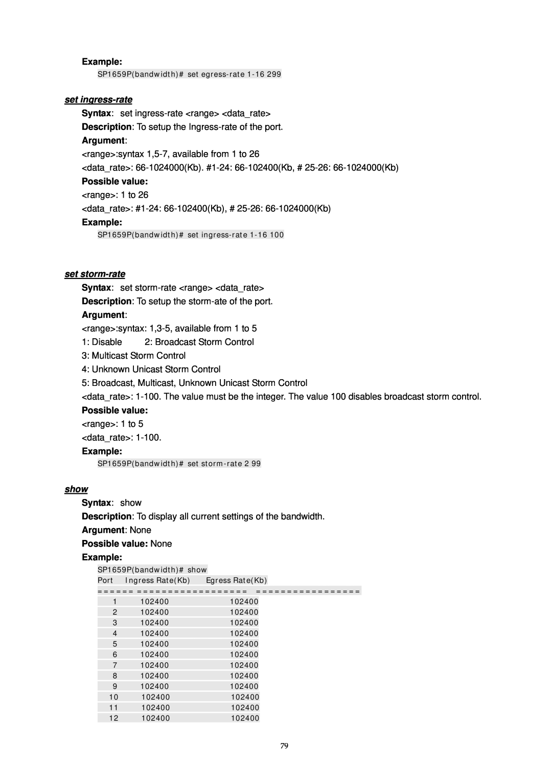 MicroNet Technology SP1659P set ingress-rate, set storm-rate, Example, Argument, Possible value, Syntax show 