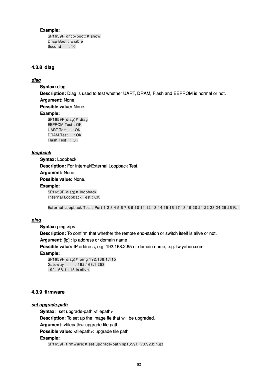 MicroNet Technology SP1659P firmware, Syntax diag, loopback, Syntax Loopback, ping, set upgrade-path, Example 