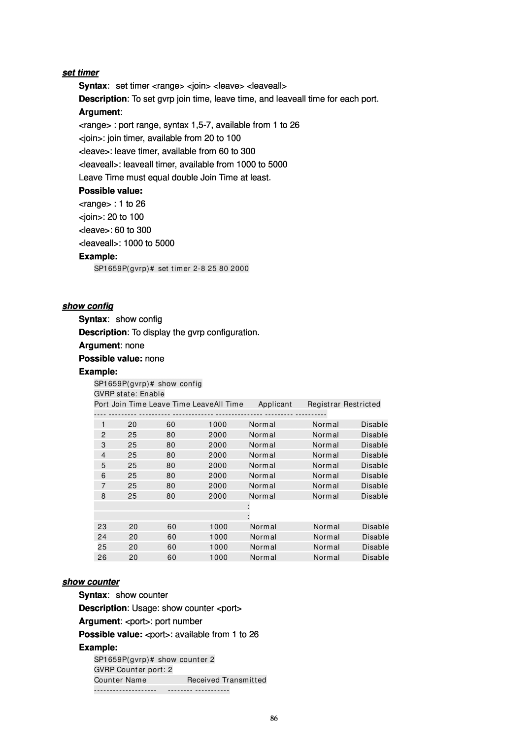 MicroNet Technology SP1659P user manual set timer, show config, Argument none Possible value none Example, show counter 