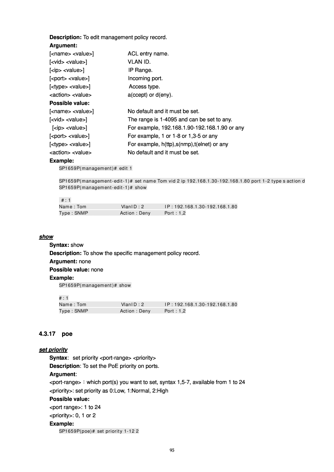 MicroNet Technology SP1659P user manual 4.3.17 poe, set priority, Argument, Possible value, Example, Syntax show 