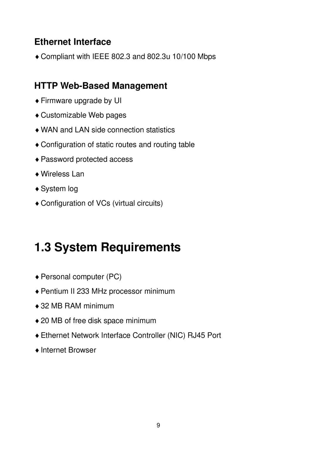 MicroNet Technology SP3367A user manual System Requirements, Ethernet Interface, Http Web-Based Management 