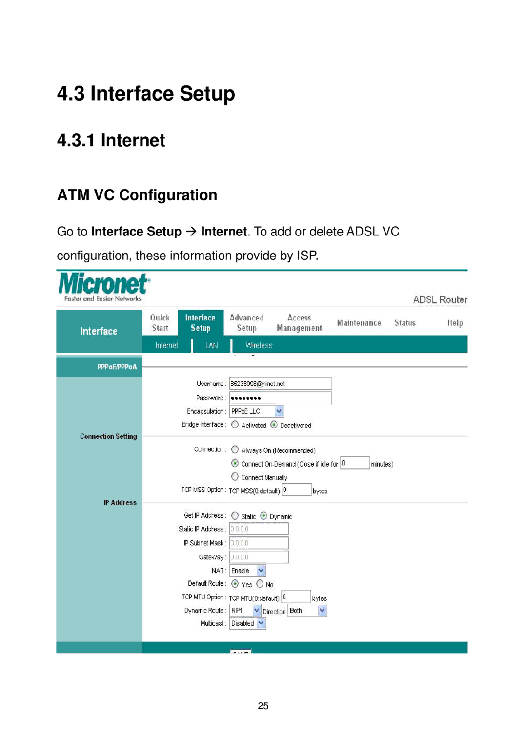 MicroNet Technology SP3367A user manual Interface Setup, Internet, ATM VC Configuration 