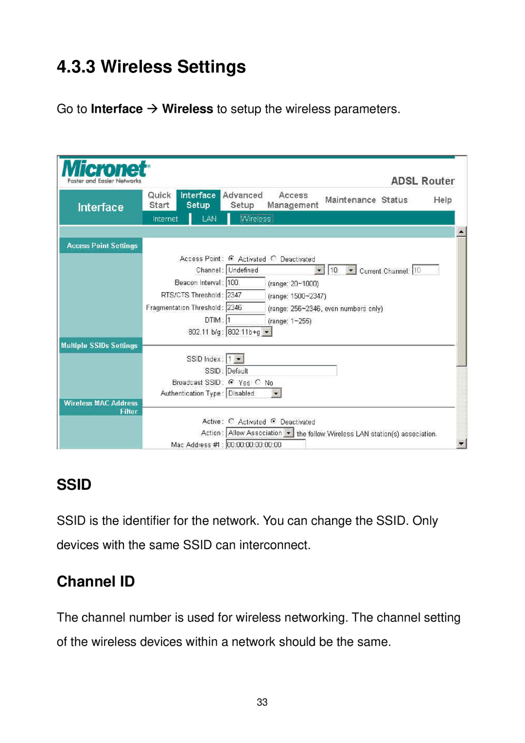 MicroNet Technology SP3367A user manual Wireless Settings, Channel ID 