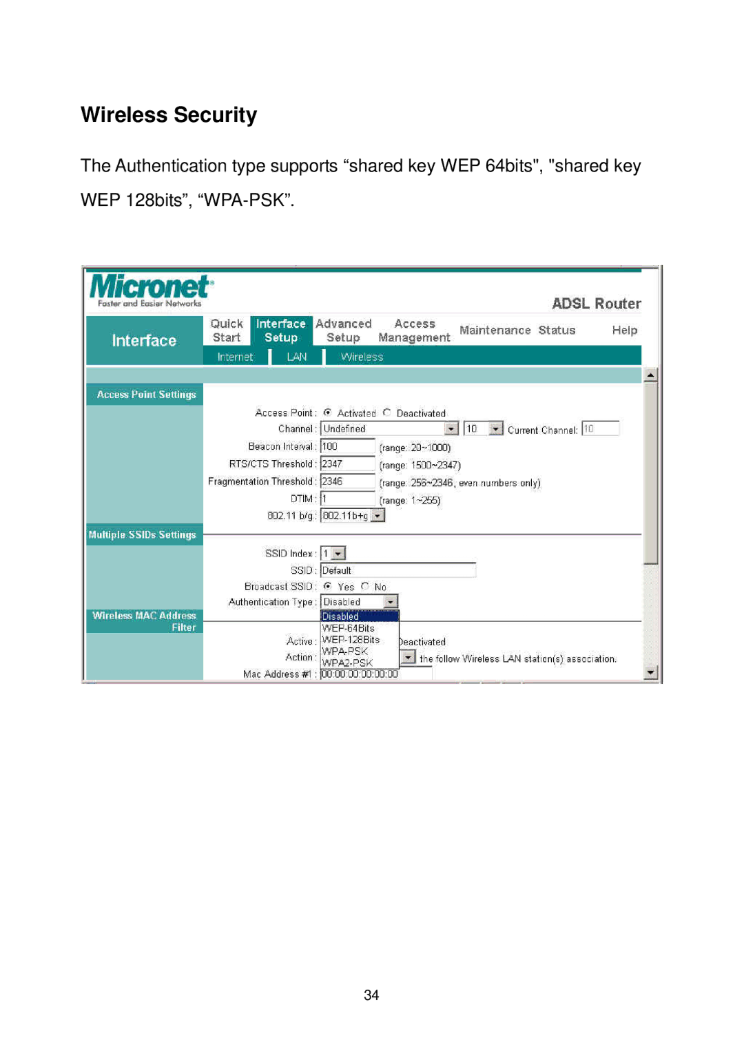 MicroNet Technology SP3367A user manual Wireless Security 