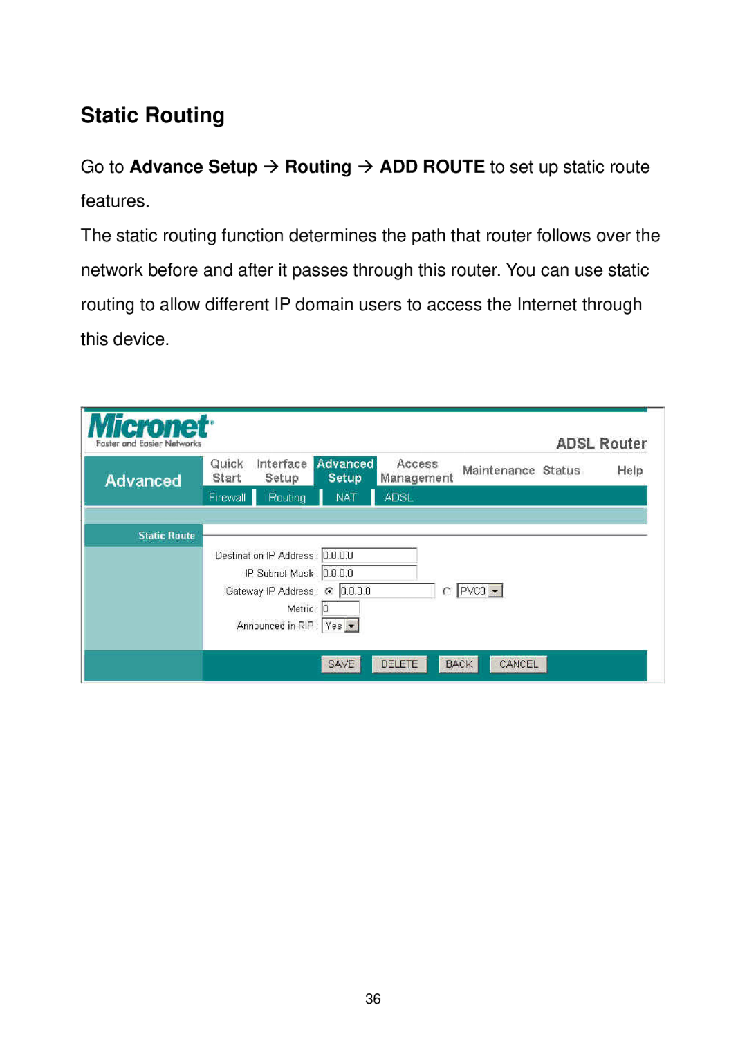 MicroNet Technology SP3367A user manual Static Routing 