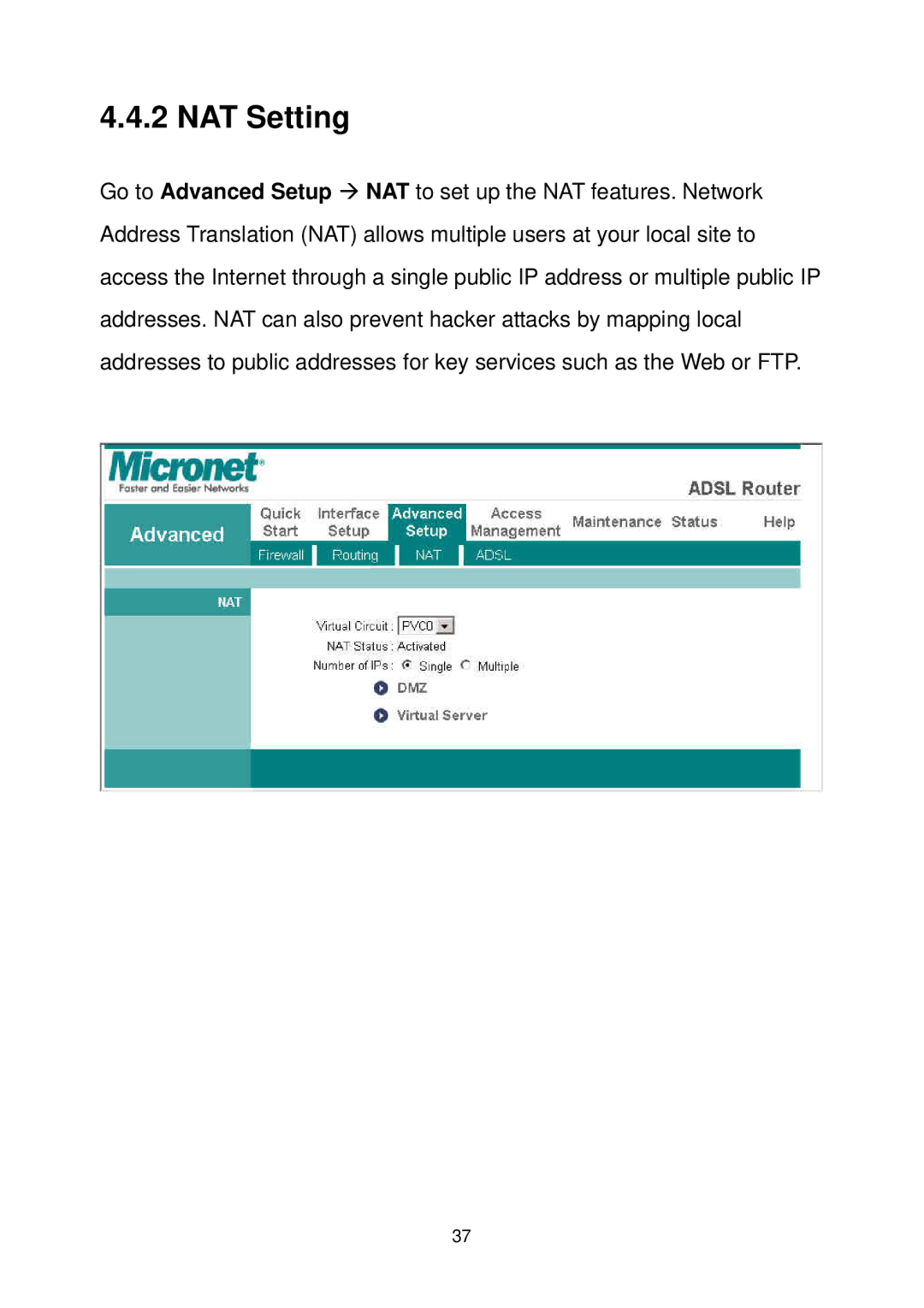 MicroNet Technology SP3367A user manual NAT Setting 