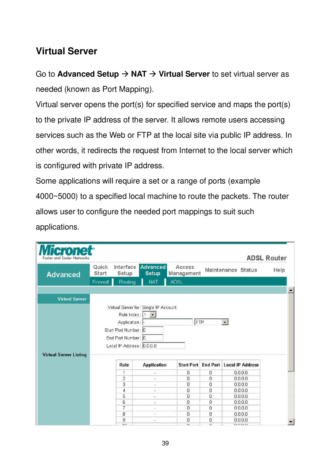 MicroNet Technology SP3367A user manual Virtual Server 