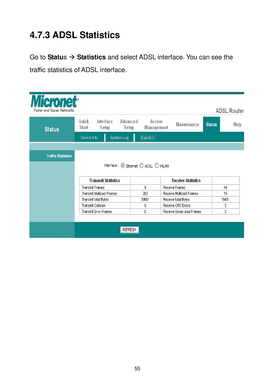 MicroNet Technology SP3367A user manual Adsl Statistics 