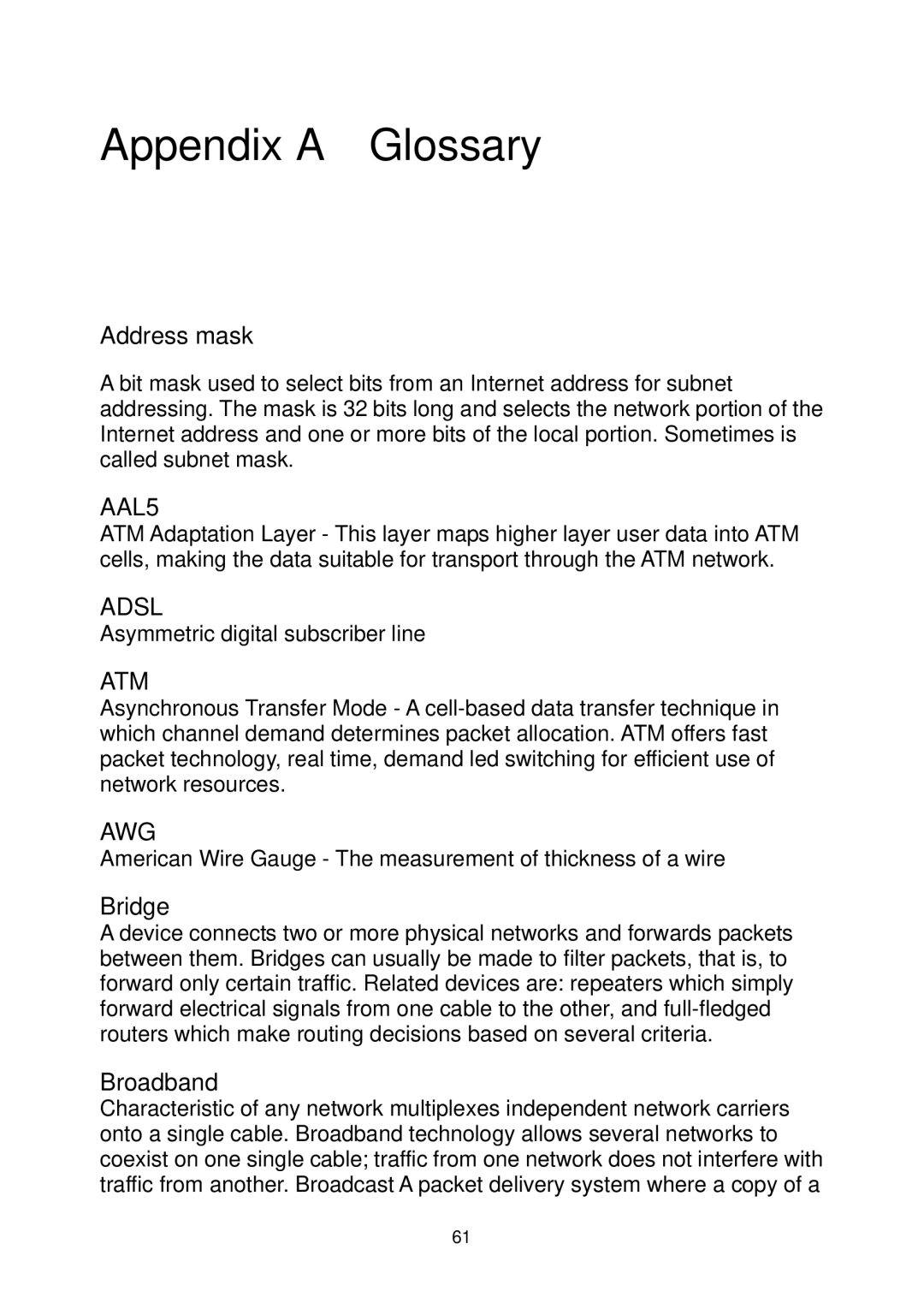 MicroNet Technology SP3367A user manual Appendix a Glossary, Address mask, Bridge, Broadband 