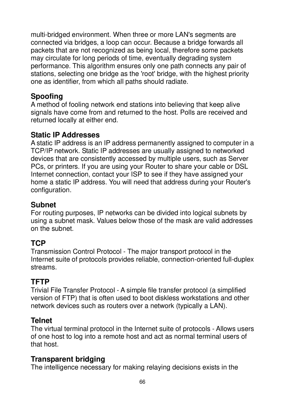 MicroNet Technology SP3367A user manual Spoofing, Static IP Addresses, Subnet, Telnet, Transparent bridging 