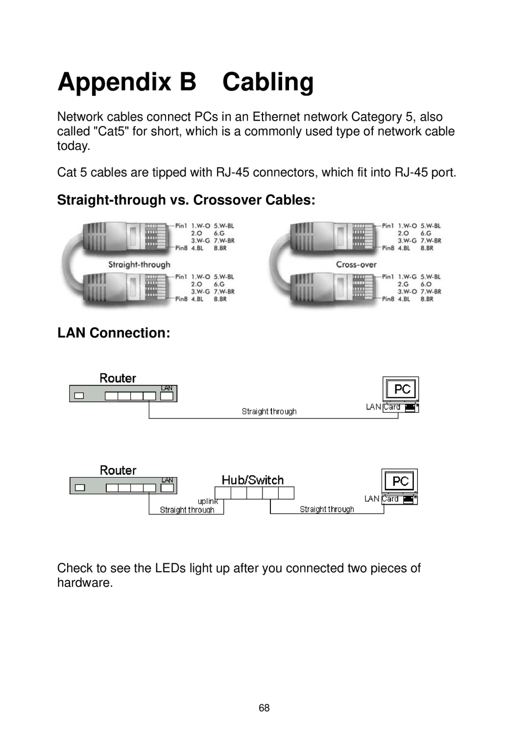 MicroNet Technology SP3367A user manual Appendix B Cabling, Straight-through vs. Crossover Cables LAN Connection 