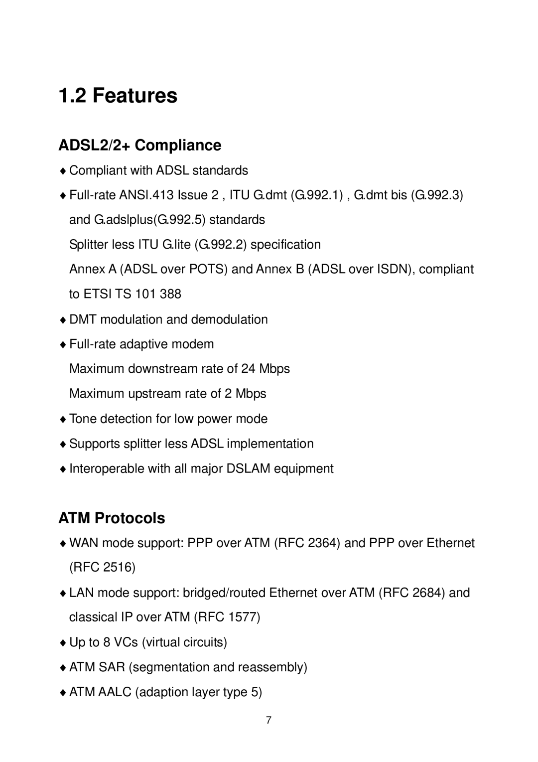 MicroNet Technology SP3367A user manual Features, ADSL2/2+ Compliance, ATM Protocols 