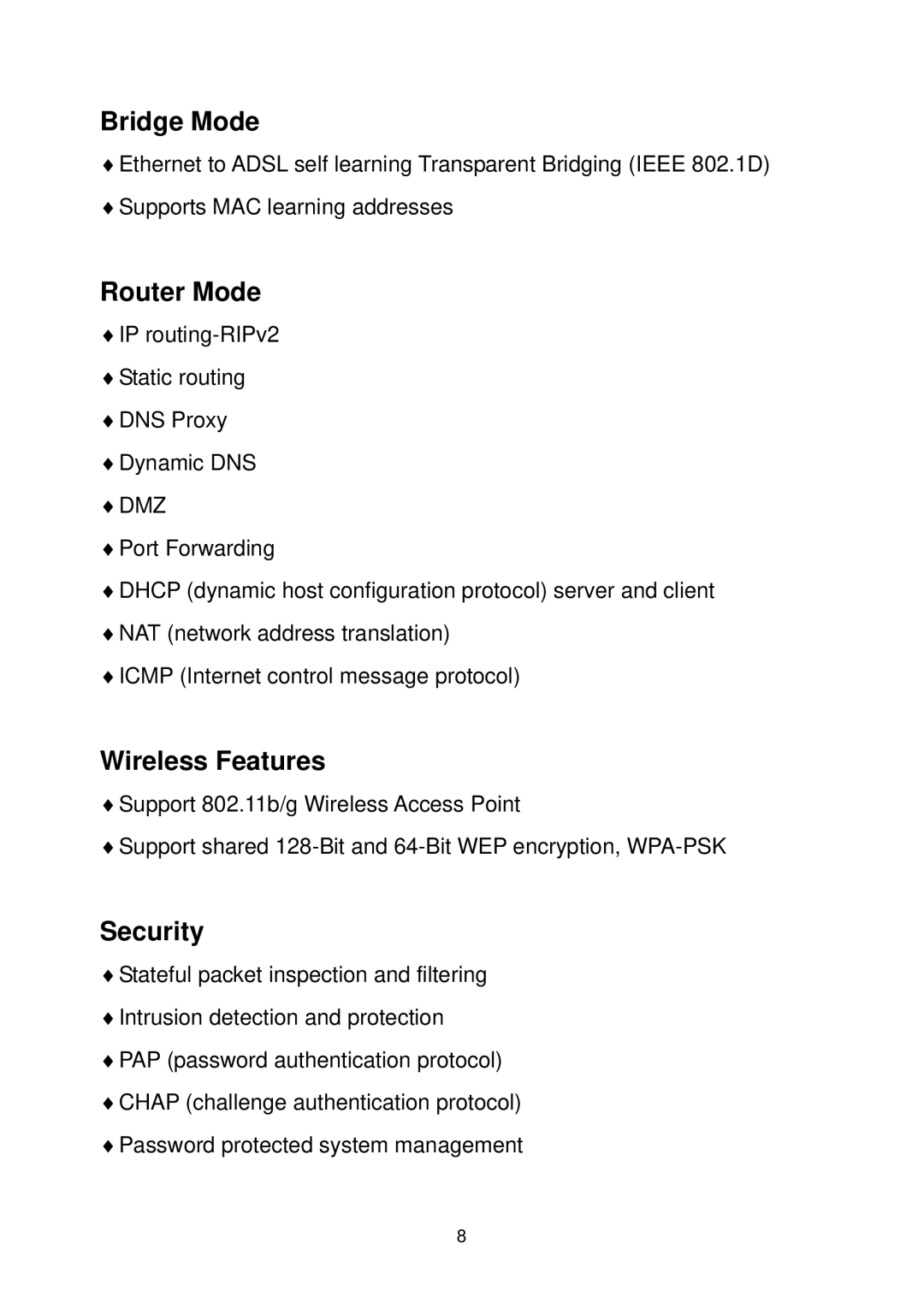 MicroNet Technology SP3367A user manual Bridge Mode, Router Mode, Wireless Features, Security 