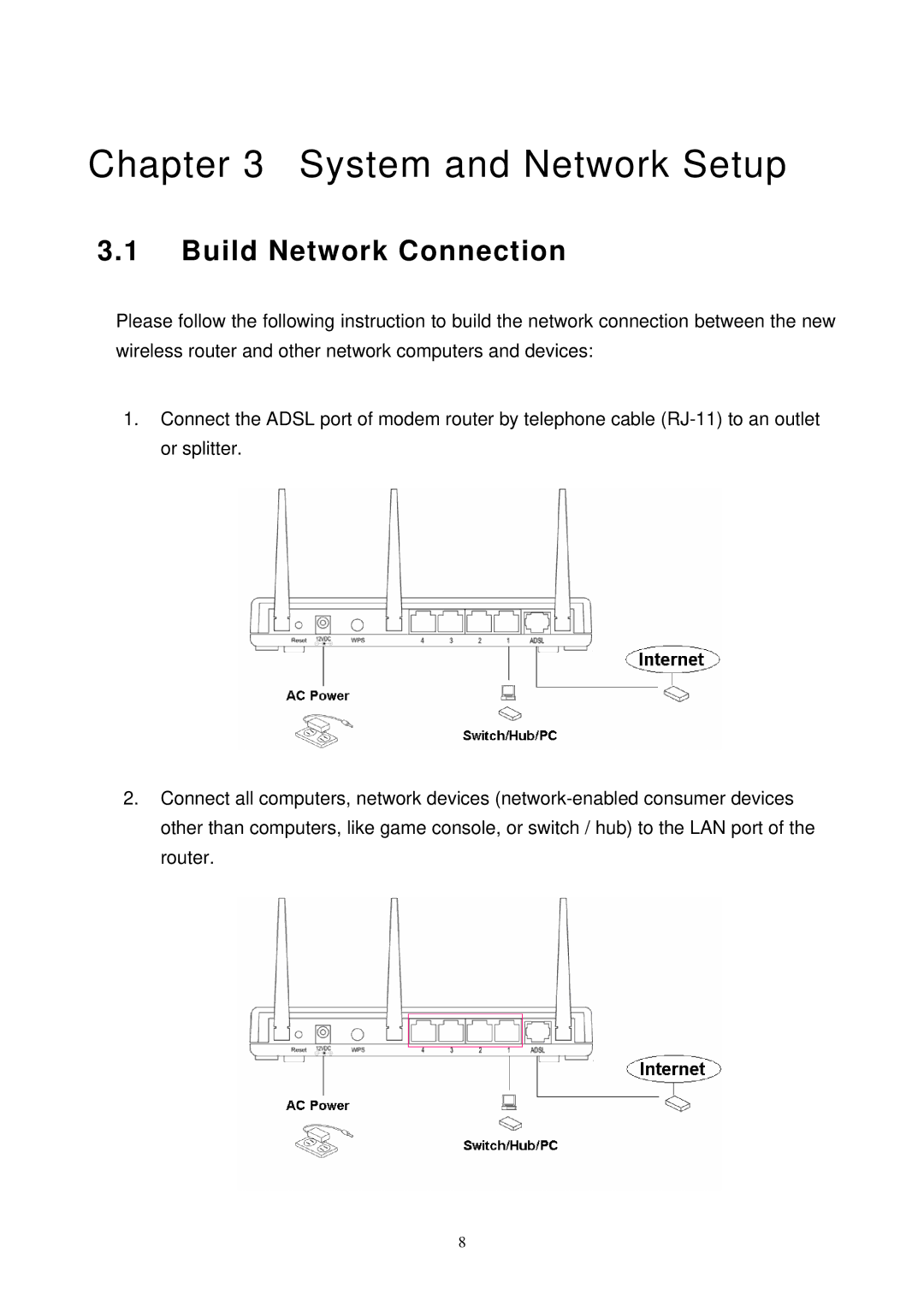 MicroNet Technology SP3367N user manual System and Network Setup, Build Network Connection 