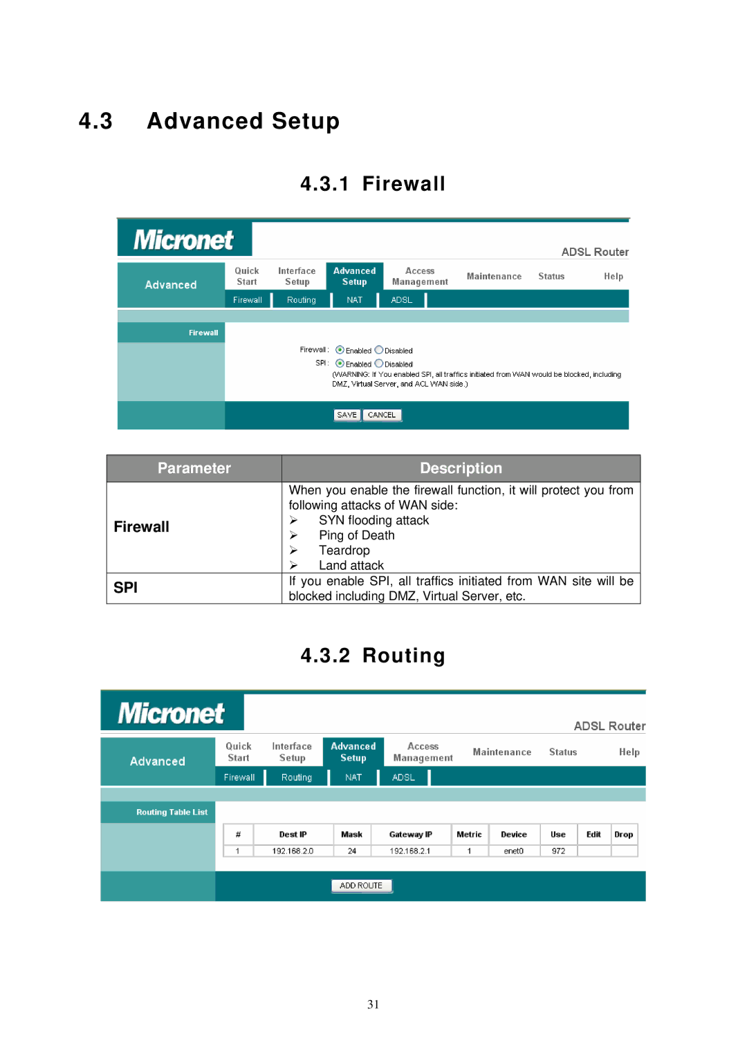 MicroNet Technology SP3367N user manual Advanced Setup, Firewall, Routing, Spi 