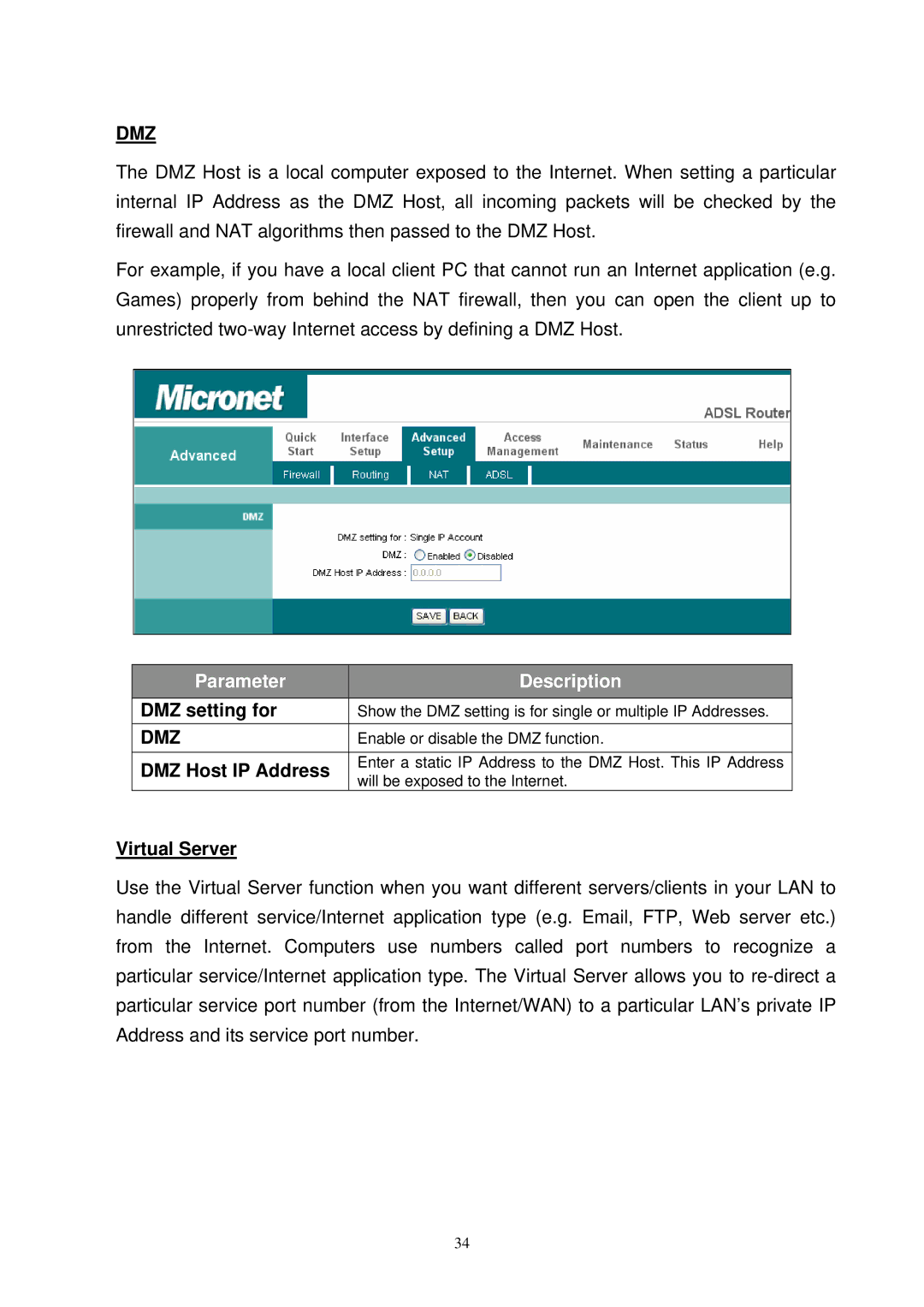 MicroNet Technology SP3367N user manual Dmz, DMZ setting for, DMZ Host IP Address, Virtual Server 