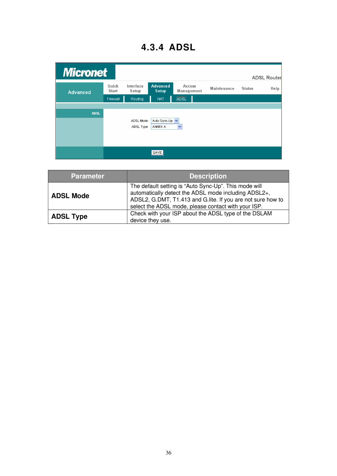 MicroNet Technology SP3367N user manual Adsl Mode, Adsl Type 