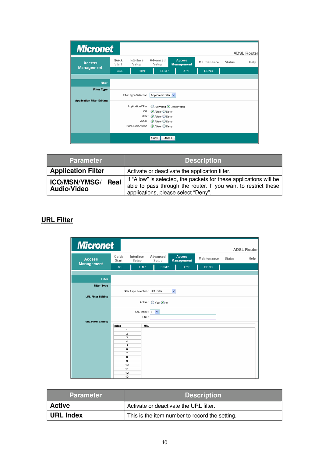 MicroNet Technology SP3367N user manual ICQ/MSN/YMSG/ Real, Audio/Video, URL Filter, URL Index 