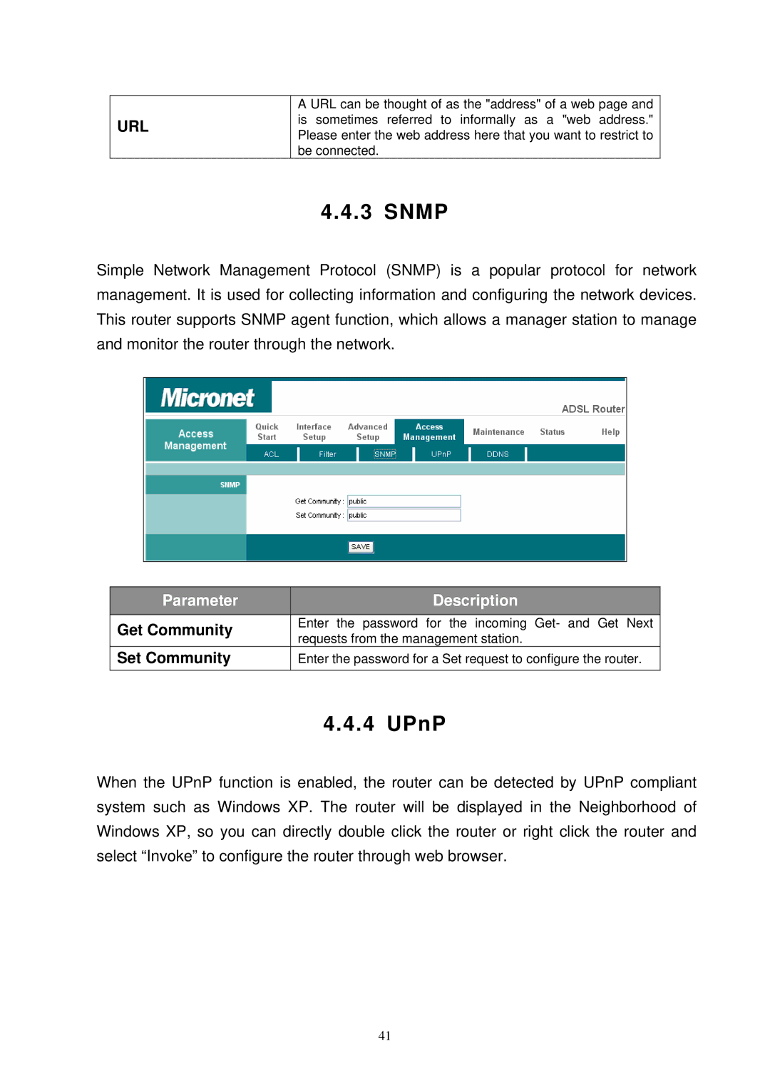 MicroNet Technology SP3367N user manual Snmp, UPnP, Url, Get Community, Set Community 