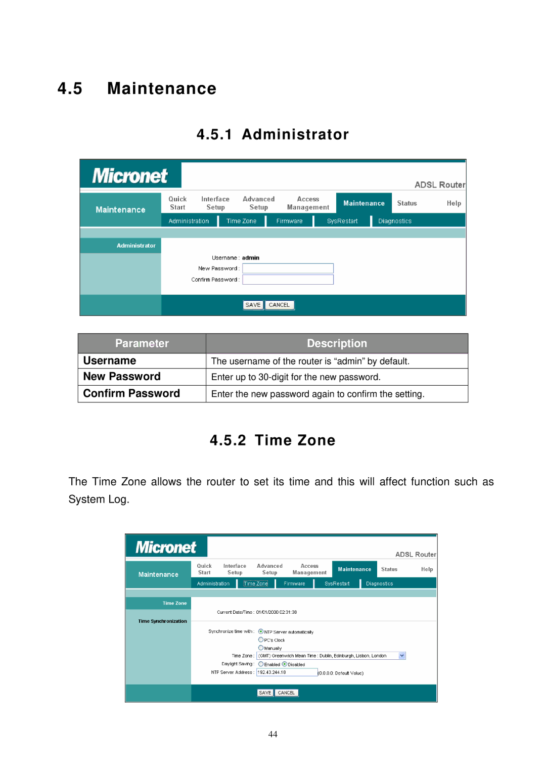 MicroNet Technology SP3367N user manual Maintenance, Administrator, Time Zone, New Password, Confirm Password 