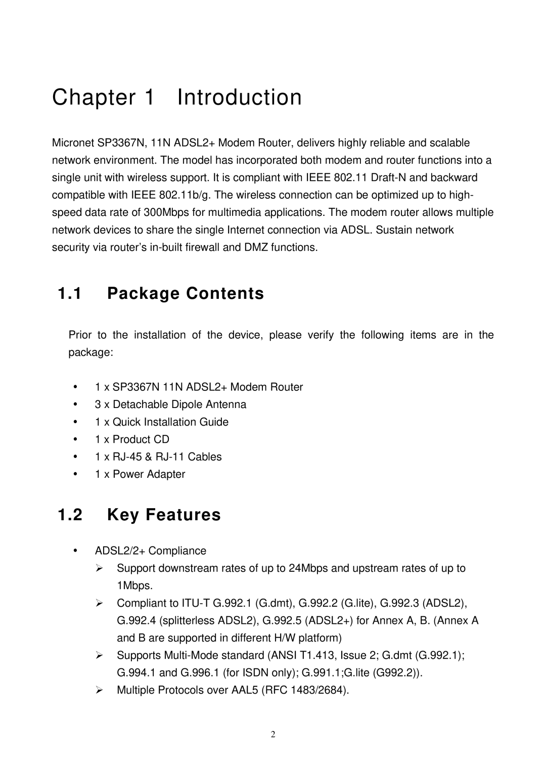 MicroNet Technology SP3367N user manual Package Contents, Key Features 