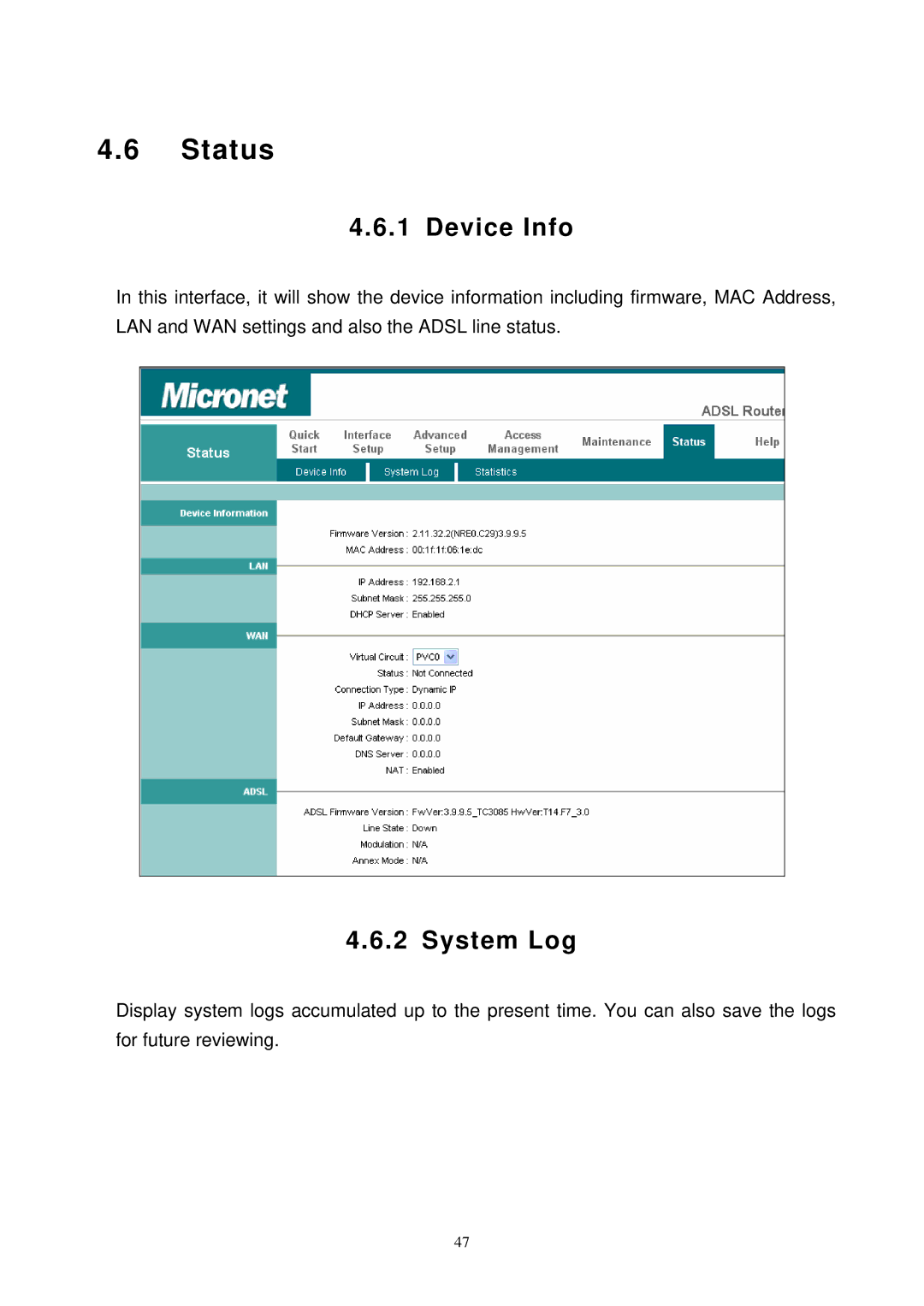 MicroNet Technology SP3367N user manual Status, Device Info, System Log 